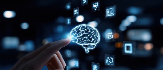 The brain illuminated by digital connections and smart technology interaction.