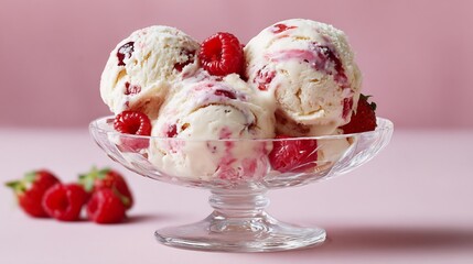 Creamy vanilla raspberry ripple ice cream scoops in a clear dessert dish with fruit garnish side view pastel pink background