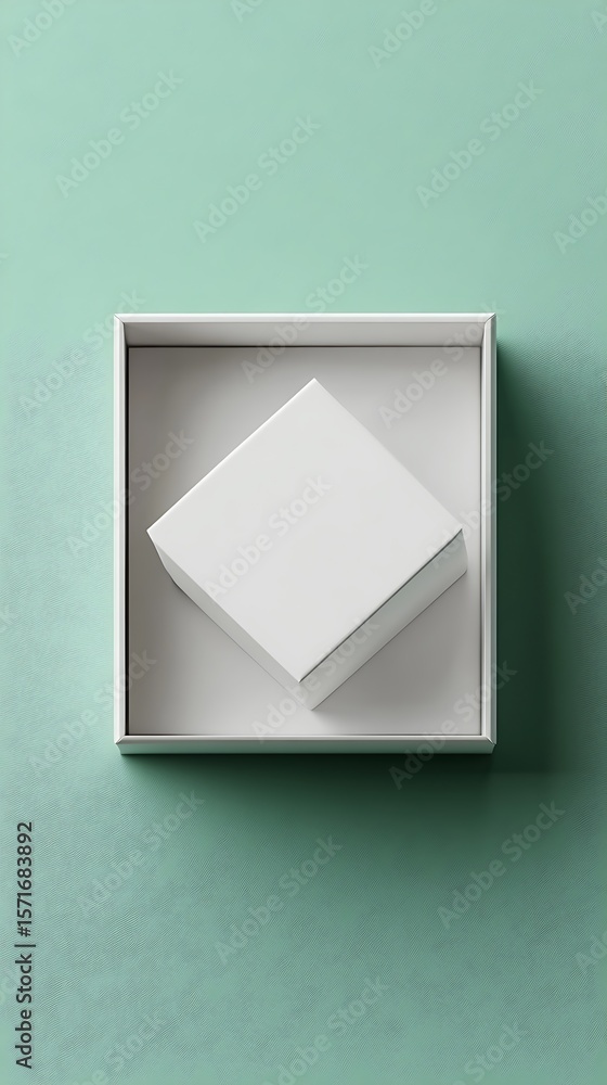 Poster white cube box sits inside of an open, larger square box against teal backdrop