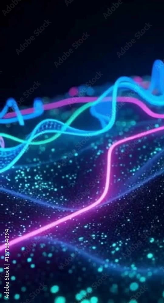 Poster abstract neon lines flowing over glowing particle background