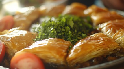 Golden Pastry Layers with Fresh Herbs and Sliced Tomatoes on Top