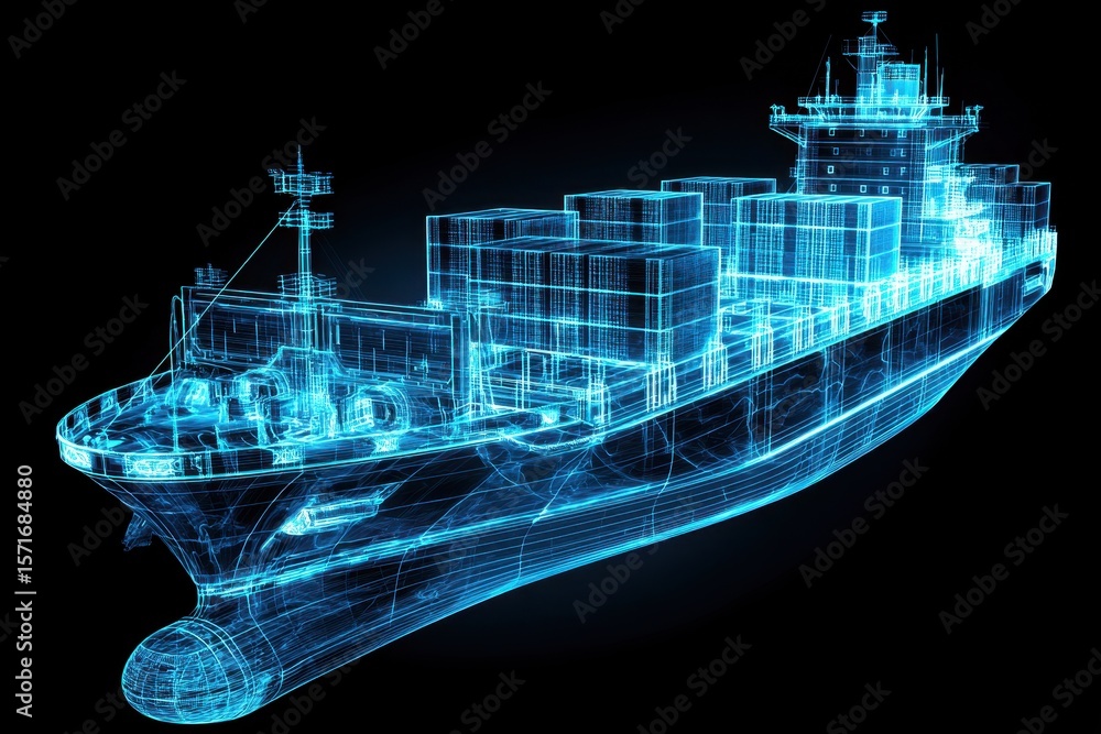 Poster container ship model illuminated in blue against a dark background showcasing intricate details and 