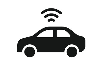 black self-driving car icon, flat vector style with transparent background