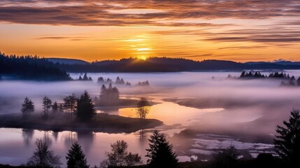 Fototapeta premium A serene sunrise over a misty river, the sky ablaze with orange and blue hues, creating a stunning reflection on the calm water as the forest awakens