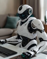 Fototapeta premium Humanoid robot ai collaborating with human at keyboard symbolizing future work and job automation