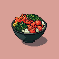 Pixel art of a poke bowl filled with salmon, rice, seaweed, and vegetables on a pink background. A vibrant and stylized food illustration with a retro digital aesthetic