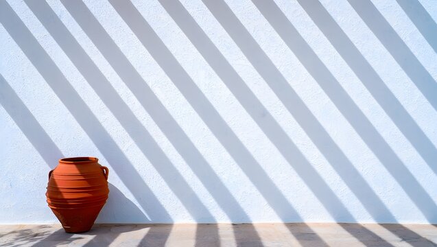 A clay amphora sits in a shaded area with striped shadow on the wall