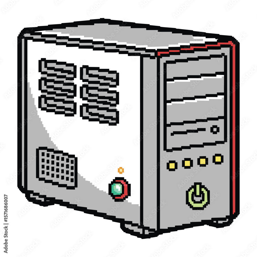 Aufkleber pixel art computer tower with power button and vents on white background