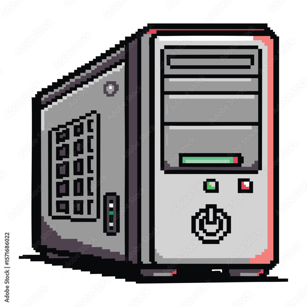 Aufkleber pixel art illustration of a desktop computer tower with a power button