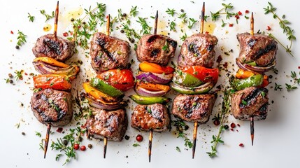 Grilled Meat Skewers with Colorful Vegetables and Fresh Herbs