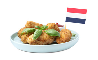 Tasty fried croquettes, basil, sauce and flag of Netherlands isolated on white