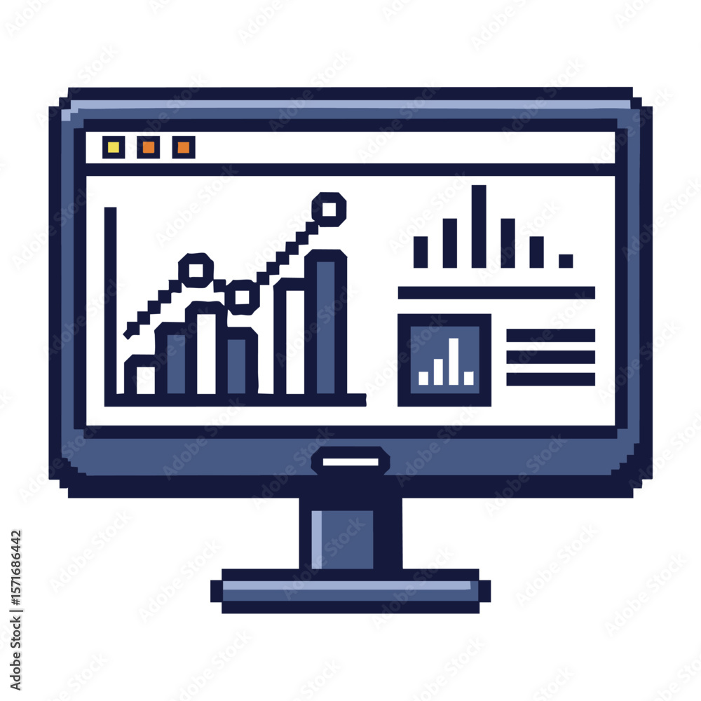 Poster pixel art computer screen displaying financial charts and graphs