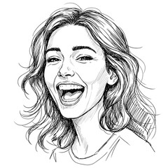 Happy young woman with wavy hair laughing joyfully on white background
