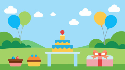 Naklejka premium Happy birthday cartoon illustration featuring a cake with candles and balloons in a vibrant park landscape with a rainbow, sun,