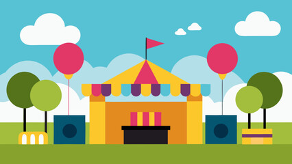 Fototapeta premium Vector illustration of a whimsical castle house in a park landscape with trees, clouds, and a bright summer sky