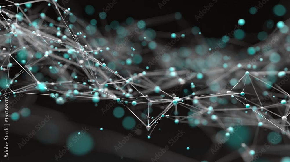 Poster dynamic 3d illustration of an abstract data network with interconnected points and lines in teal and