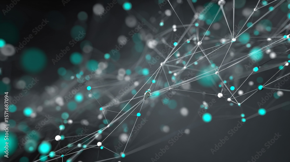 Poster dynamic 3d illustration of an abstract data network with interconnected points and lines in teal and
