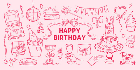 Happy birthday doodle set with bento cake, balloon, champagne in bucket, glasses with bows. Festive decorations on pastel background. Vector illustration in Coquette Aesthetic style.