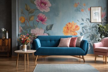 Modern living room interior showcasing vibrant flora with a blue sofa, floral wallpaper, and decorative elements for a cozy atmosphere