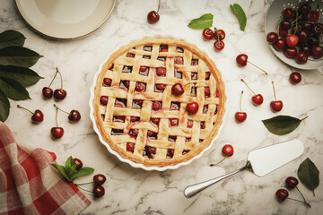 Tasty cherry pie and berries on white marble table, flat lay