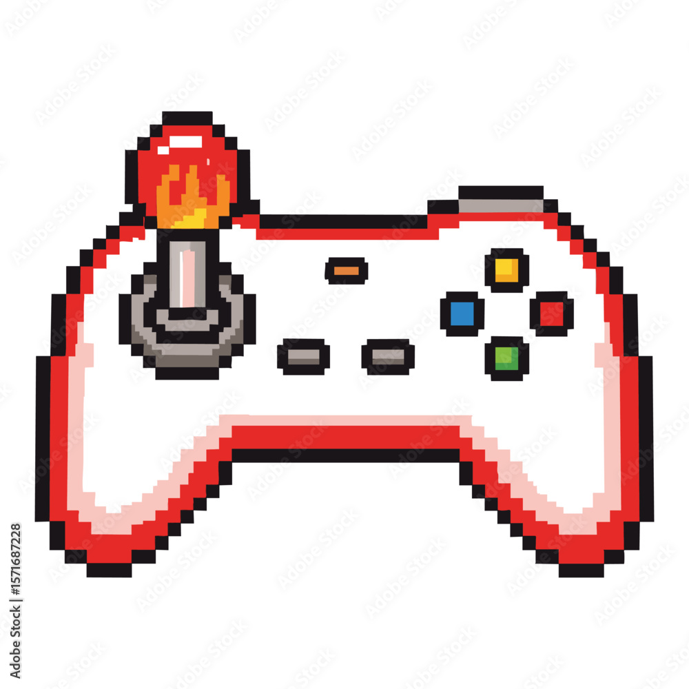Poster pixel art video game controller with a fiery joystick and colorful buttons