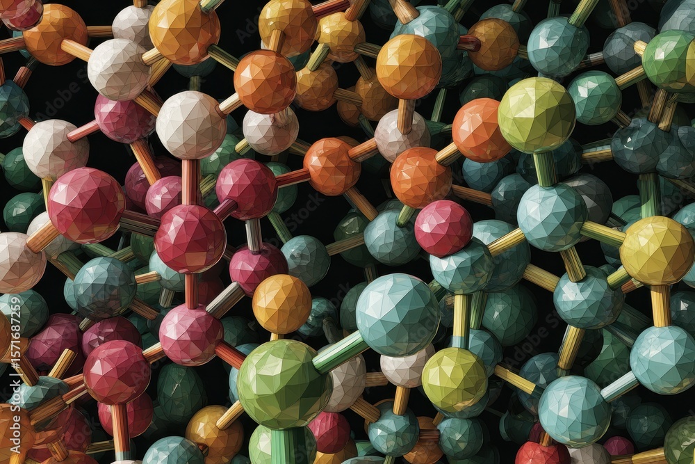 Poster colorful abstract geometric structure featuring vibrant molecular forms with a playful arrangement o