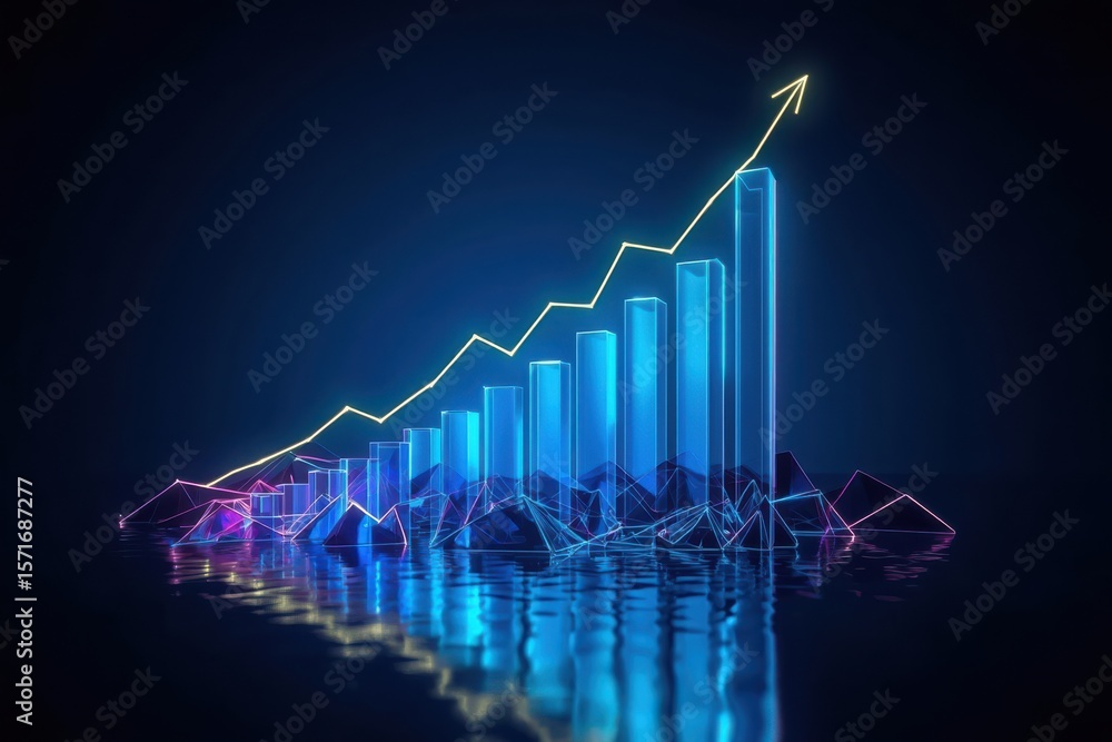 Poster abstract blue bar graph with a rising golden arrow on a dark background representing growth and succ