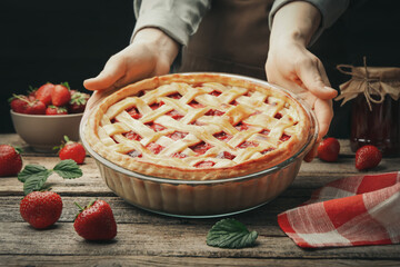 Woman with tasty strawberry pie at wooden table, closeup
