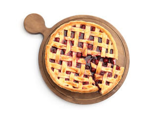 Tasty cut cherry pie isolated on white, top view