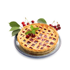 Tasty cherry pie, leaves and berries isolated on white