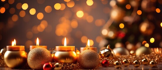 Burning church candles glow, festive Christmas decorations adding a warm, bright holiday light to the winter season