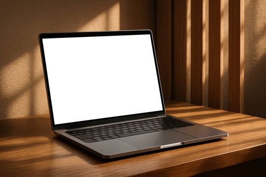 Sleek laptop mockup with blank screen on a warm wooden desk, bathed in natural light. Perfect for showcasing designs, websites, or creative work in a modern workspace.