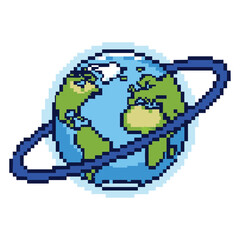 Pixel art planet earth with a blue ring orbiting around it