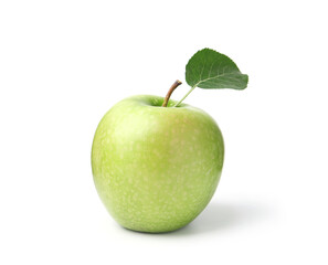 One green apple with leaf isolated on white