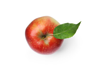 One red apple with leaf isolated on white, top view