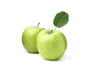 Fresh green apples with leaf isolated on white