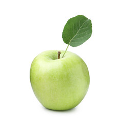 One green apple with leaf isolated on white