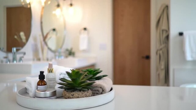 View of a bathroom featuring a sink, mirror, towels, and a plant on a countertop display