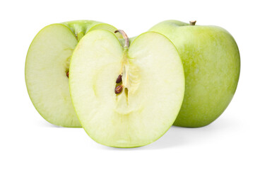 Cut and whole green apples isolated on white