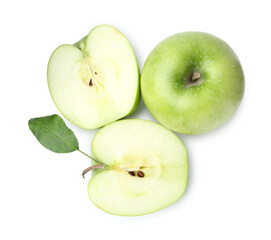 Cut and whole green apples with leaf isolated on white, top view