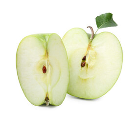 Pieces of fresh apple and leaf isolated on white