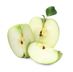 Pieces of fresh apple and leaf isolated on white