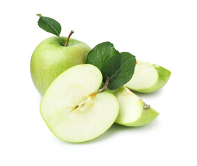 Cut, whole apples and leaves isolated on white