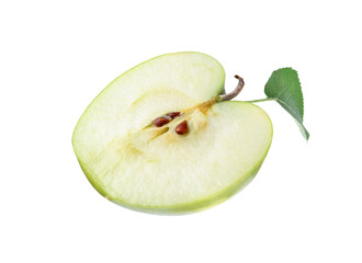 Half of fresh apple with leaf isolated on white