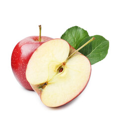 Cut, whole apples and leaves isolated on white