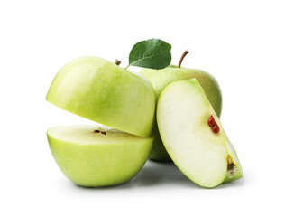 Fresh whole, cut apple slices with leaf isolated on white