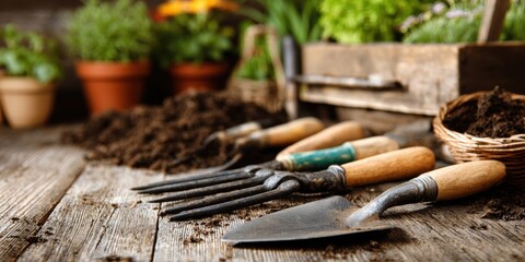 Garden tools in natural setting – gardening equipment surrounded by plants and soil