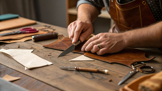 A skilled leather artisan is meticulously cutting and shaping leather pieces in his workshop, crafting handmade goods with precision
