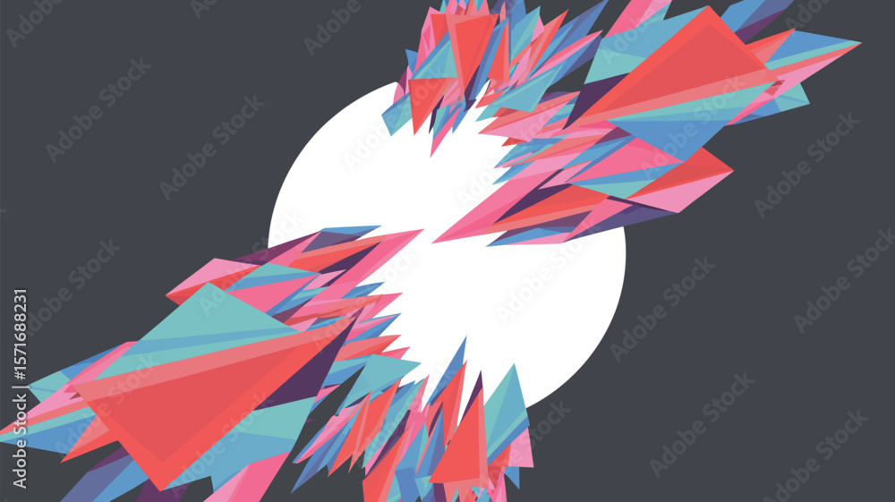 Poster abstract multicolored triangular shards around a white circle on a dark gray background design art