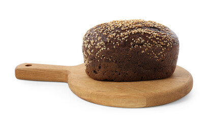 Loaf of rye bread with sesame seeds isolated on white